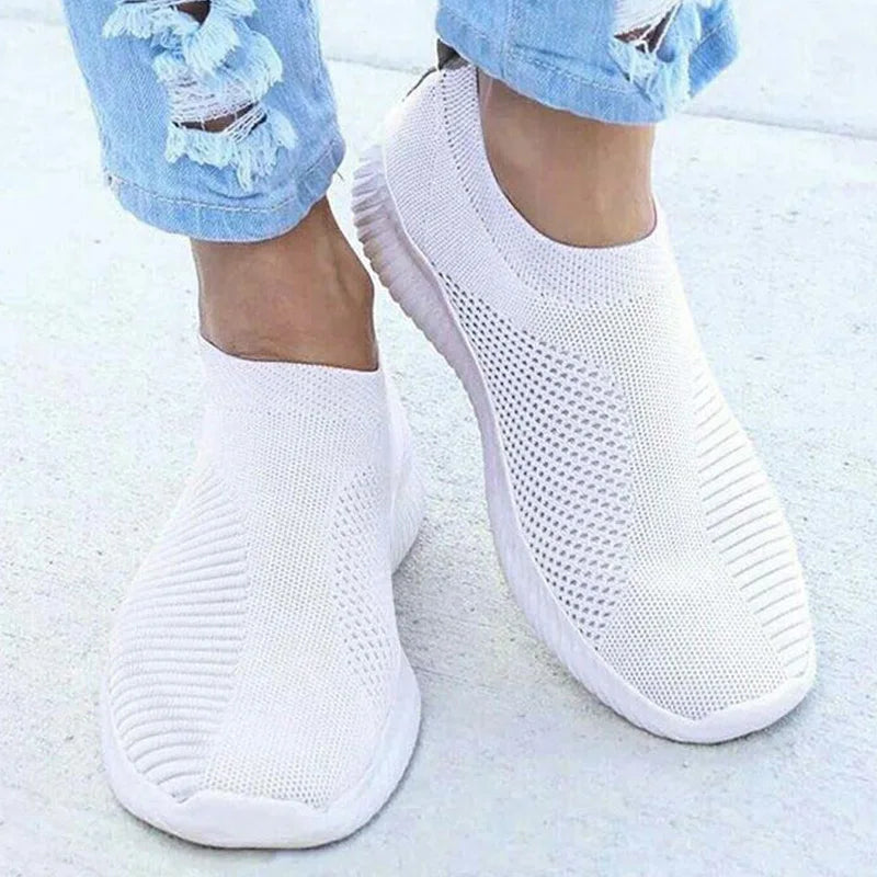Damen-Sneaker zum Hineinschlüpfen – Atmungsaktive weiße Freizeit- und Sportschuhe | Bequeme vulkanisierte Schuhe