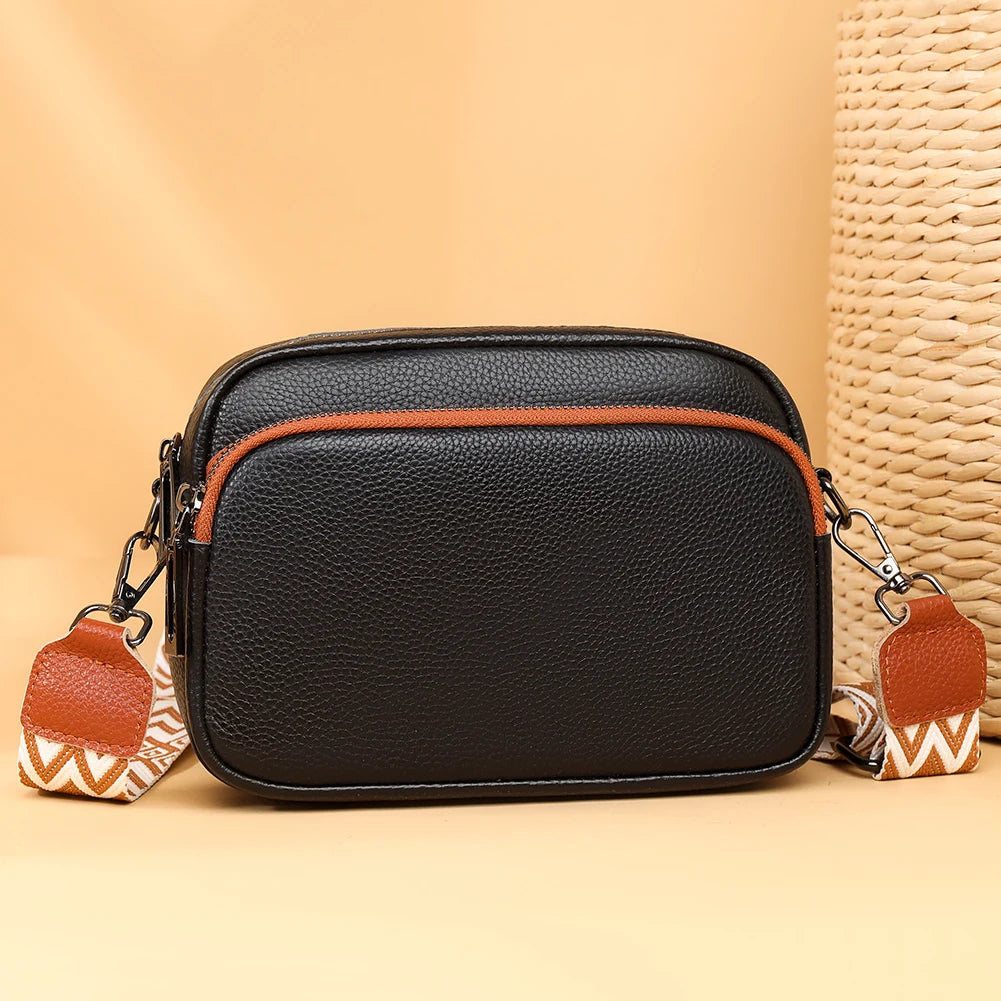 Sac bandoulière femme en cuir véritable, bandoulière large, couleur unie, design luxueux, pochette pour téléphone portable