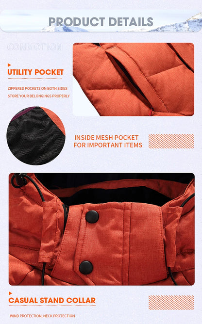 Herren-Winterjacke mit weißen Entendaunen bis -30 °C – Winddichter Wintermantel, dick gefütterter Parka mit Kapuze für Reisen und Camping 