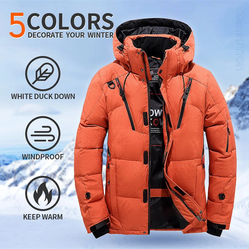 Herren-Winterjacke mit weißen Entendaunen bis -30 °C – Winddichter Wintermantel, dick gefütterter Parka mit Kapuze für Reisen und Camping 