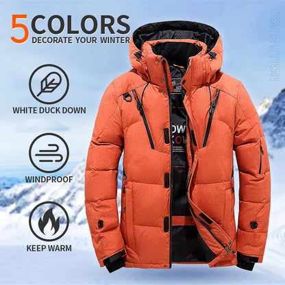 Herren-Winterjacke mit weißen Entendaunen bis -30 °C – Winddichter Wintermantel, dick gefütterter Parka mit Kapuze für Reisen und Camping 