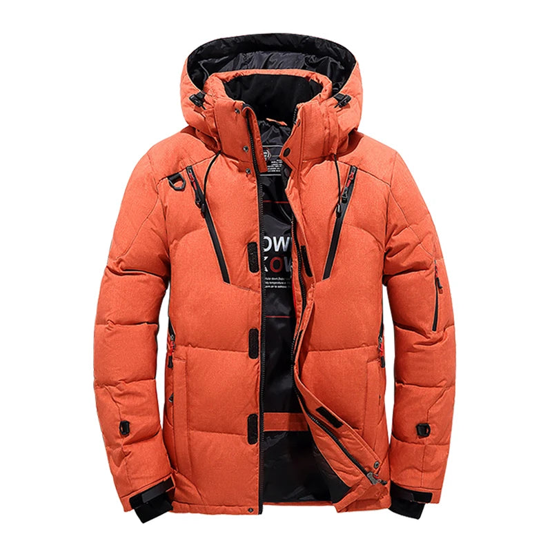 Herren-Winterjacke mit weißen Entendaunen bis -30 °C – Winddichter Wintermantel, dick gefütterter Parka mit Kapuze für Reisen und Camping 